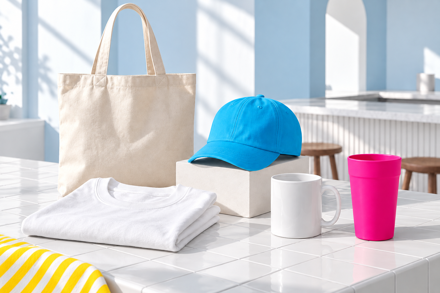 Blank canvas tote, ivory tee, cyan cap, white mug and magenta cup in a bright white studio